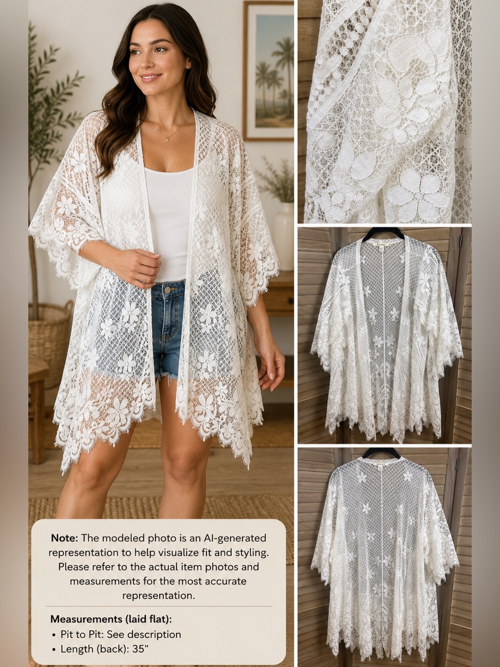 Miami White Floral Lace Kimono Cover Up Cardigan M/L Boho Festival Beach